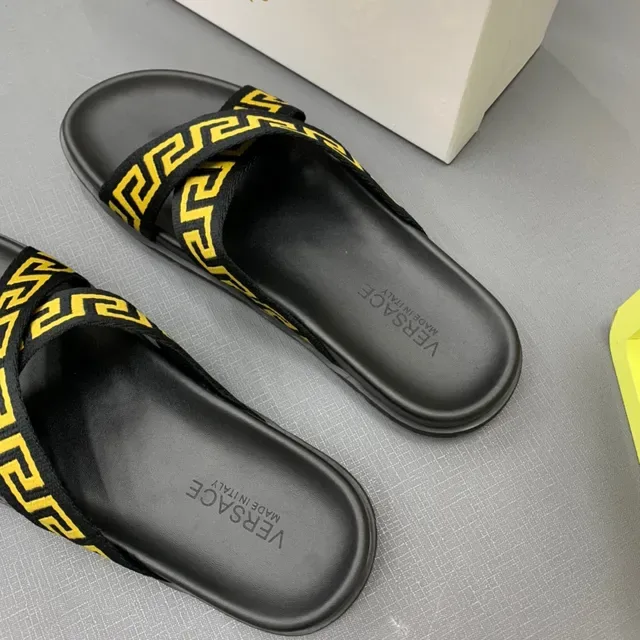 Versace Black Yellow Flat Sole Double-Crossing Greca Strap Slippers 3