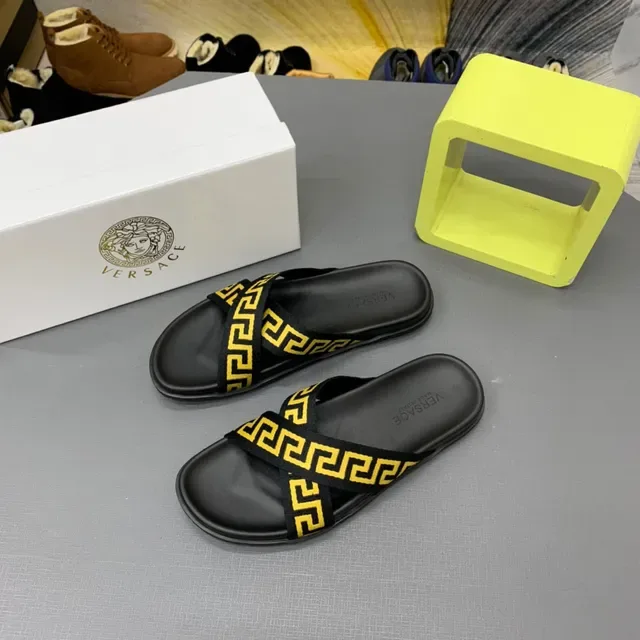 Versace Black Yellow Flat Sole Double-Crossing Greca Strap Slippers 4