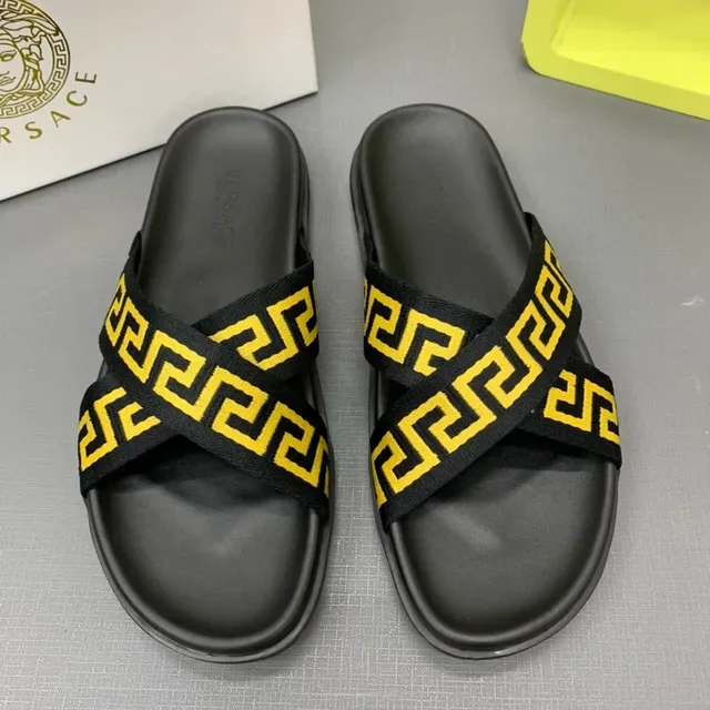 Versace Black Yellow Flat Sole Double-Crossing Greca Strap Slippers 5