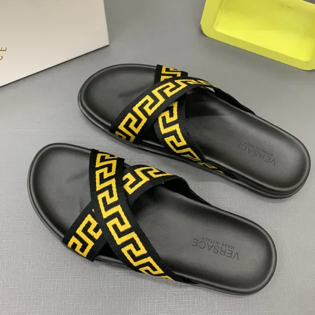 Versace Black Yellow Flat Sole Double-Crossing Greca Strap Slippers 6