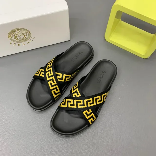 Versace Black Yellow Flat Sole Double-Crossing Greca Strap Slippers 7