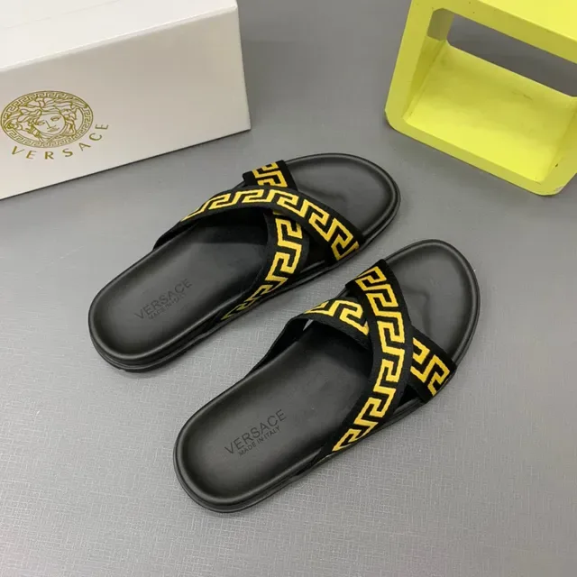 Versace Black Yellow Flat Sole Double-Crossing Greca Strap Slippers 8