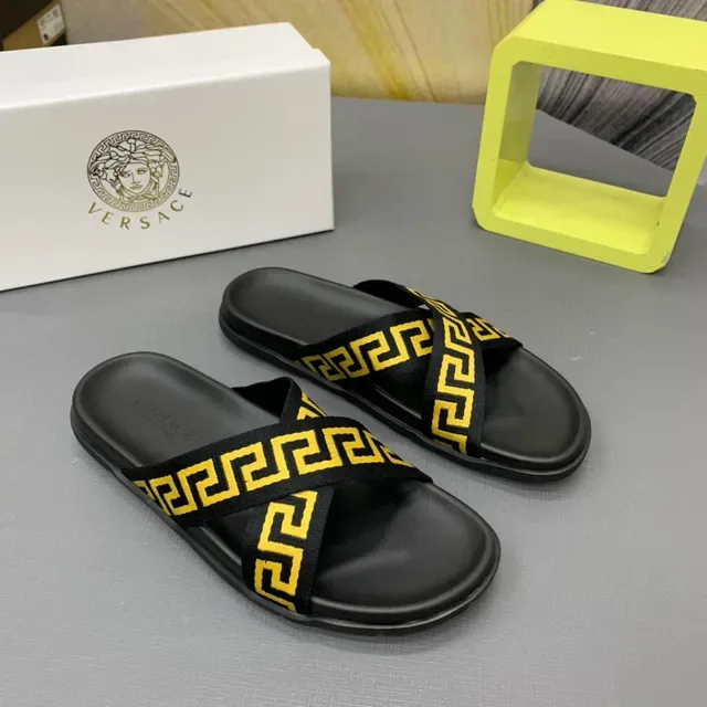 Versace Black Yellow Flat Sole Double-Crossing Greca Strap Slippers 9