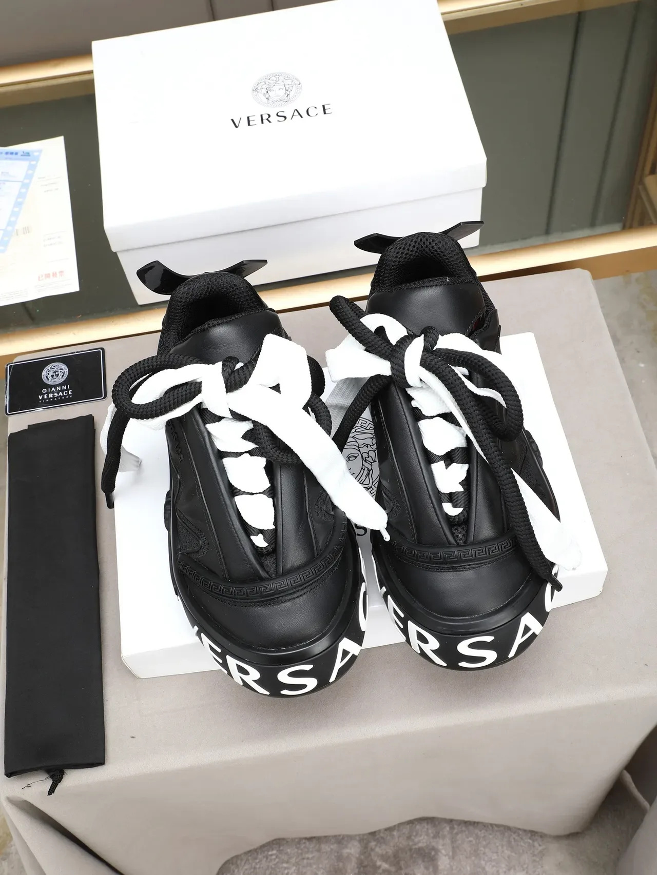 Versace Chain Reaction Black White Platform Sole Wave Overlay Chunky Sneakers 3