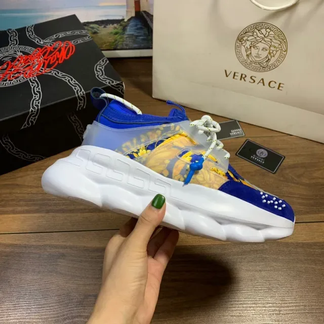 Versace Chain Reaction Blue Yellow Greca Print Chunky Sneakers 4