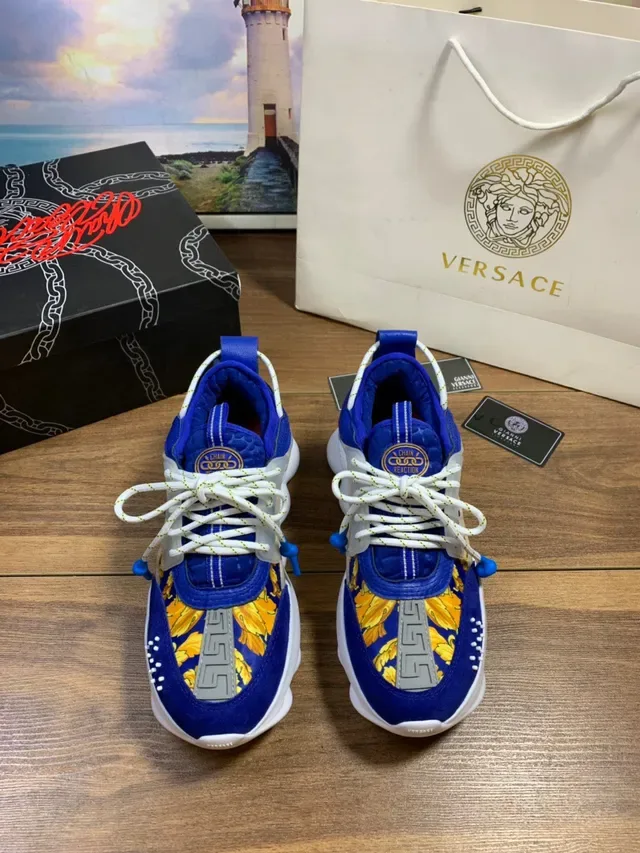 Versace Chain Reaction Blue Yellow Greca Print Chunky Sneakers 9