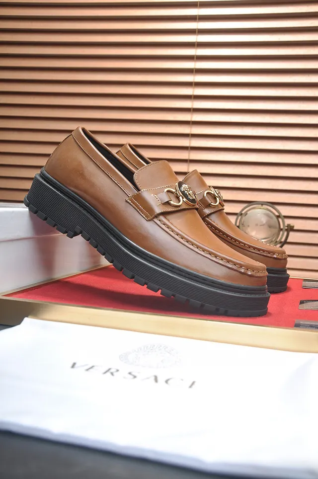 Versace Chain Reaction Cuir Tan Medusa-Buckle Mocassins à plateforme 3
