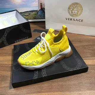 Versace Chain Reaction पीला सफेद जाली और सूड ऊपरी ग्रीक की मोटिफ लाइफस्टाइल स्नीकर