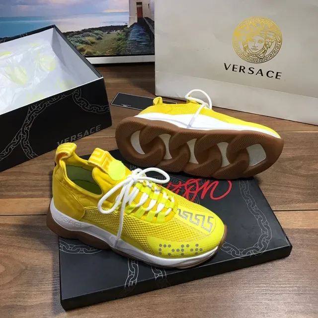 Versace Chain Reaction أصفر أبيض شبكة و جلد أعلى نقشة المفتاح اليوناني حذاء رياضي أسلوب حياة 7