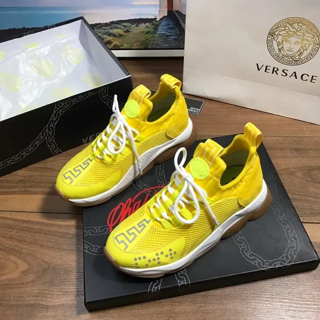 Versace Chain Reaction أصفر أبيض شبكة و جلد أعلى نقشة المفتاح اليوناني حذاء رياضي أسلوب حياة 8
