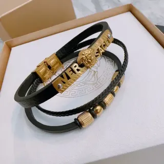 Versace Iconic Medusa Pulseras de Cuero Negro y Oro con Cordón Trenzado