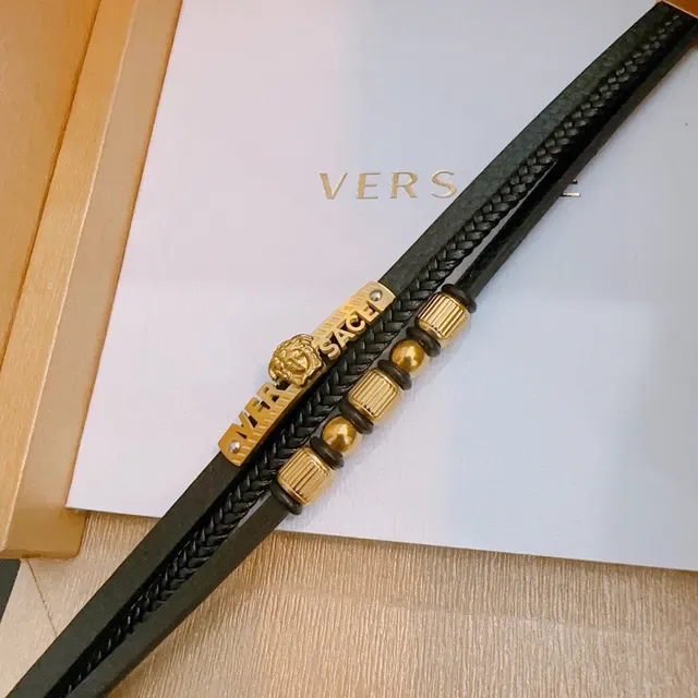 Versace Iconic Medusa Bracelets Cuir Noir et Or avec Cordon Tressé 5