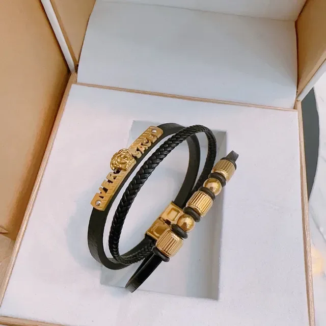 Versace Iconic Medusa Bracelets Cuir Noir et Or avec Cordon Tressé 8