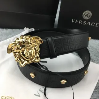 Versace Medusa Belt काला स्वर्ण हेड बकल Greca-Embossed चमड़ा बेल्ट