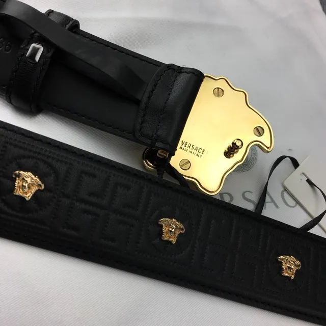 Cinto Versace Medusa Preto Dourado Fivela Cabeça Greca-Embossed Couro Cinto 2