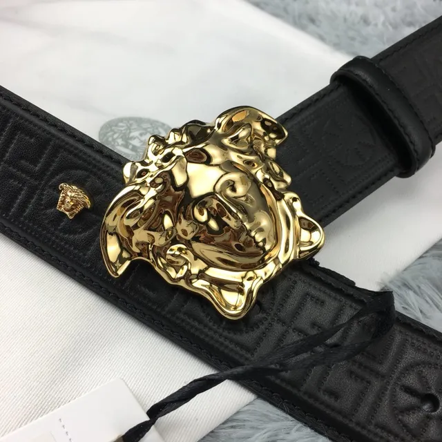 Cinto Versace Medusa Preto Dourado Fivela Cabeça Greca-Embossed Couro Cinto 4