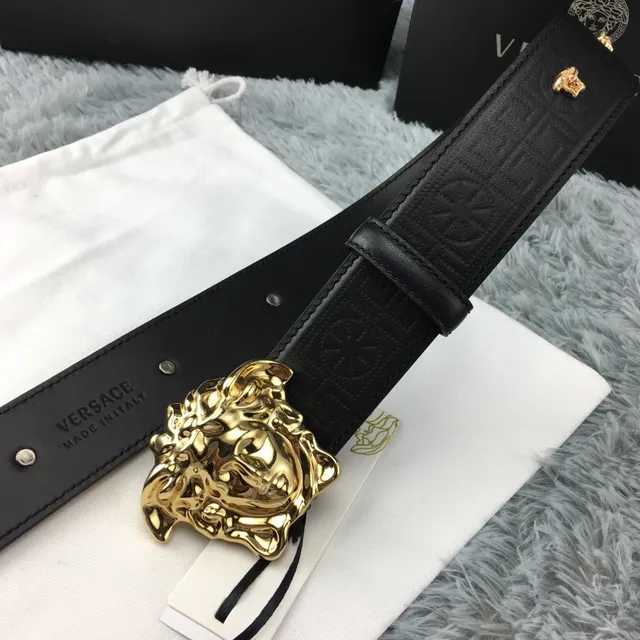 Cinto Versace Medusa Preto Dourado Fivela Cabeça Greca-Embossed Couro Cinto 5