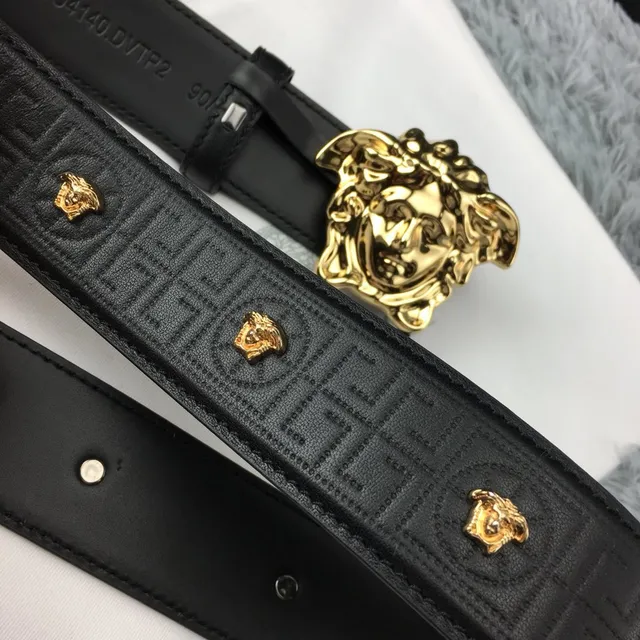 Cinto Versace Medusa Preto Dourado Fivela Cabeça Greca-Embossed Couro Cinto 6