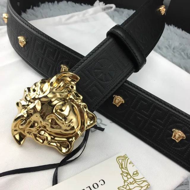 Cinto Versace Medusa Preto Dourado Fivela Cabeça Greca-Embossed Couro Cinto 7