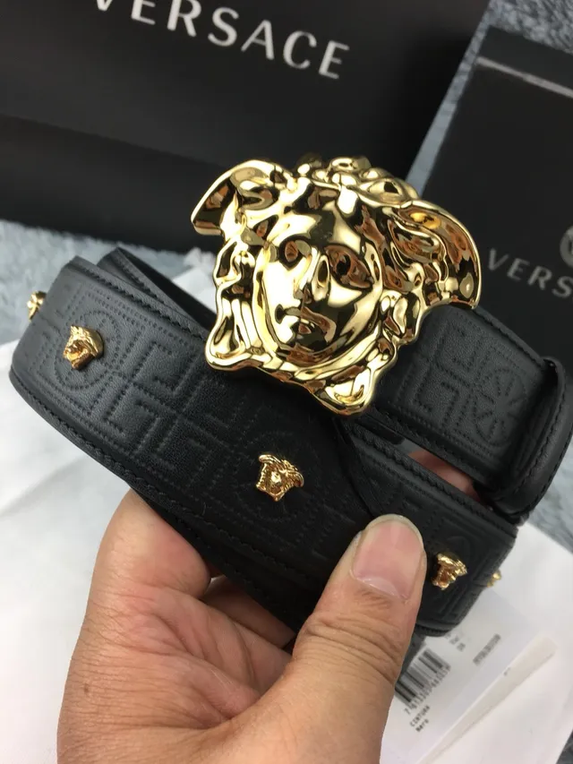 Cinto Versace Medusa Preto Dourado Fivela Cabeça Greca-Embossed Couro Cinto 8