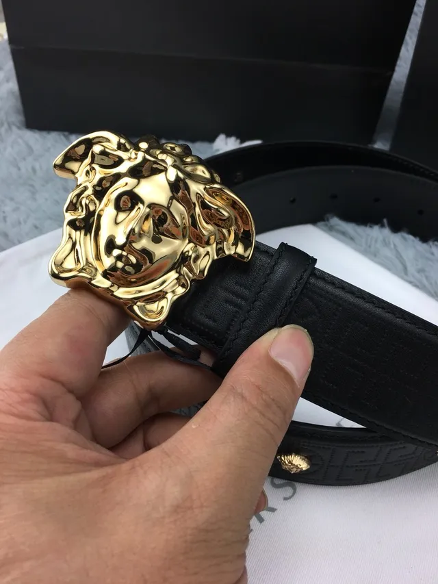Cinto Versace Medusa Preto Dourado Fivela Cabeça Greca-Embossed Couro Cinto 9