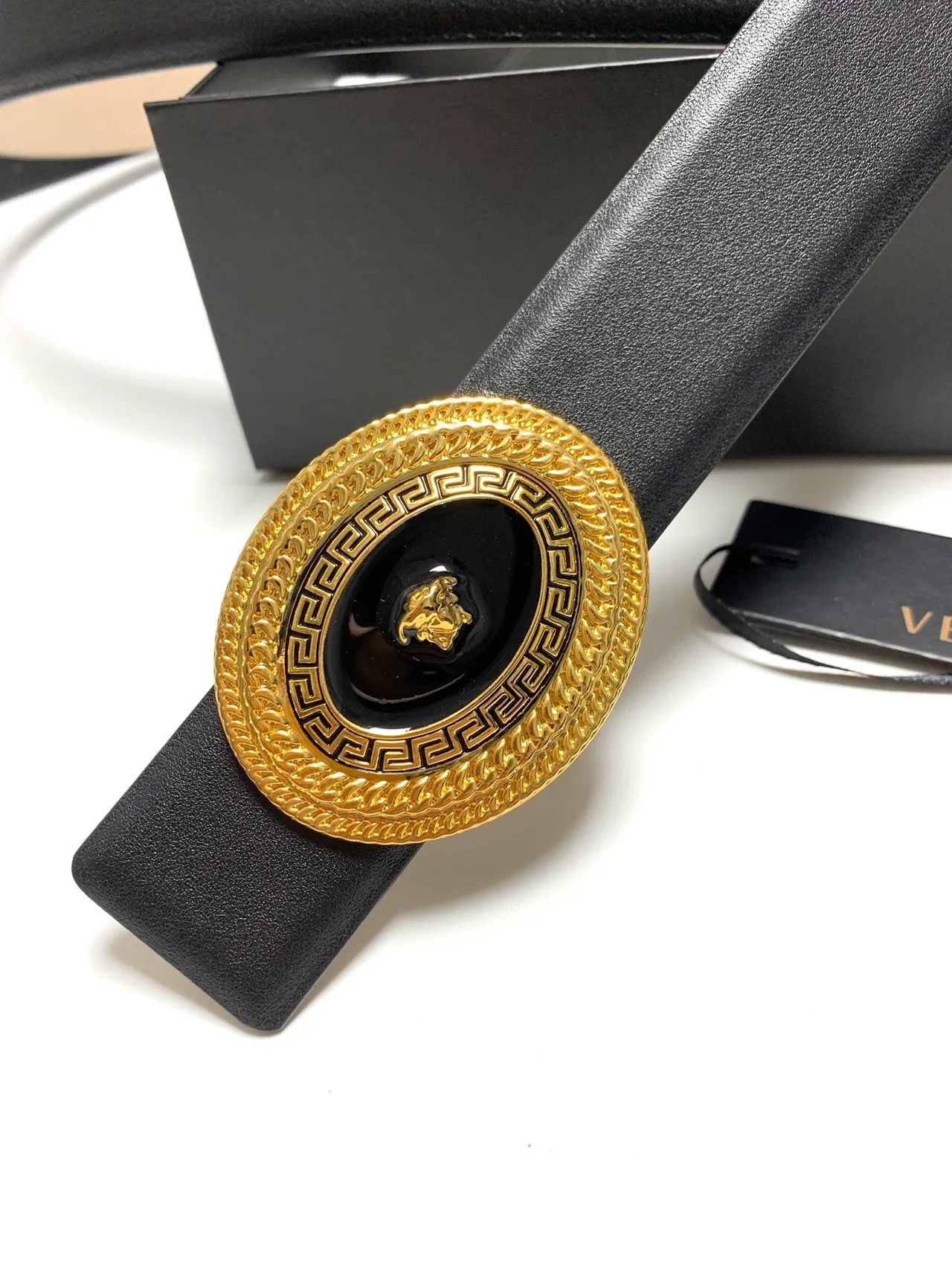 Versace Medusa حزام أسود جلد بكل ذهبي حزام جلد 2