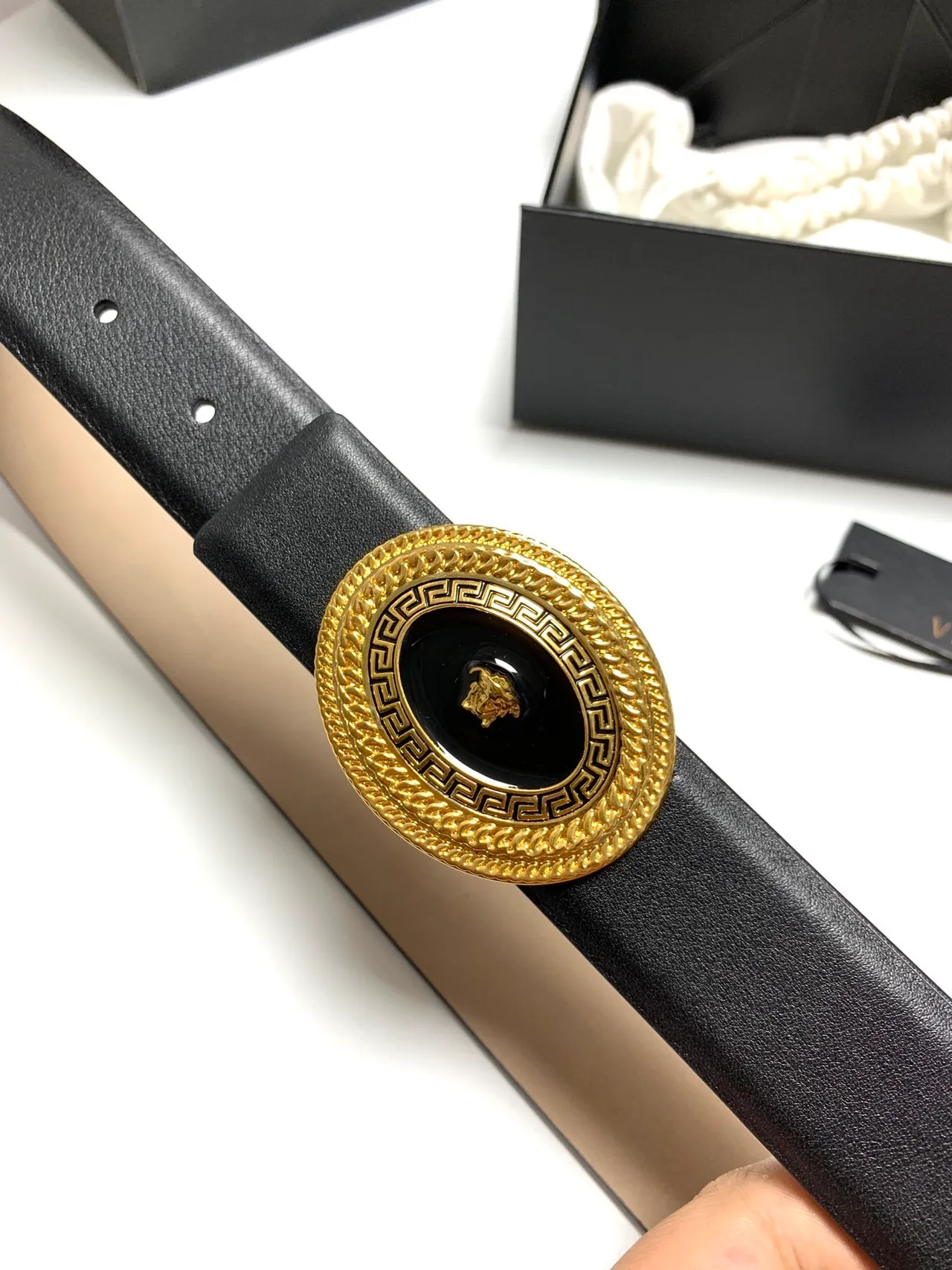 Versace Medusa حزام أسود جلد بكل ذهبي حزام جلد 3