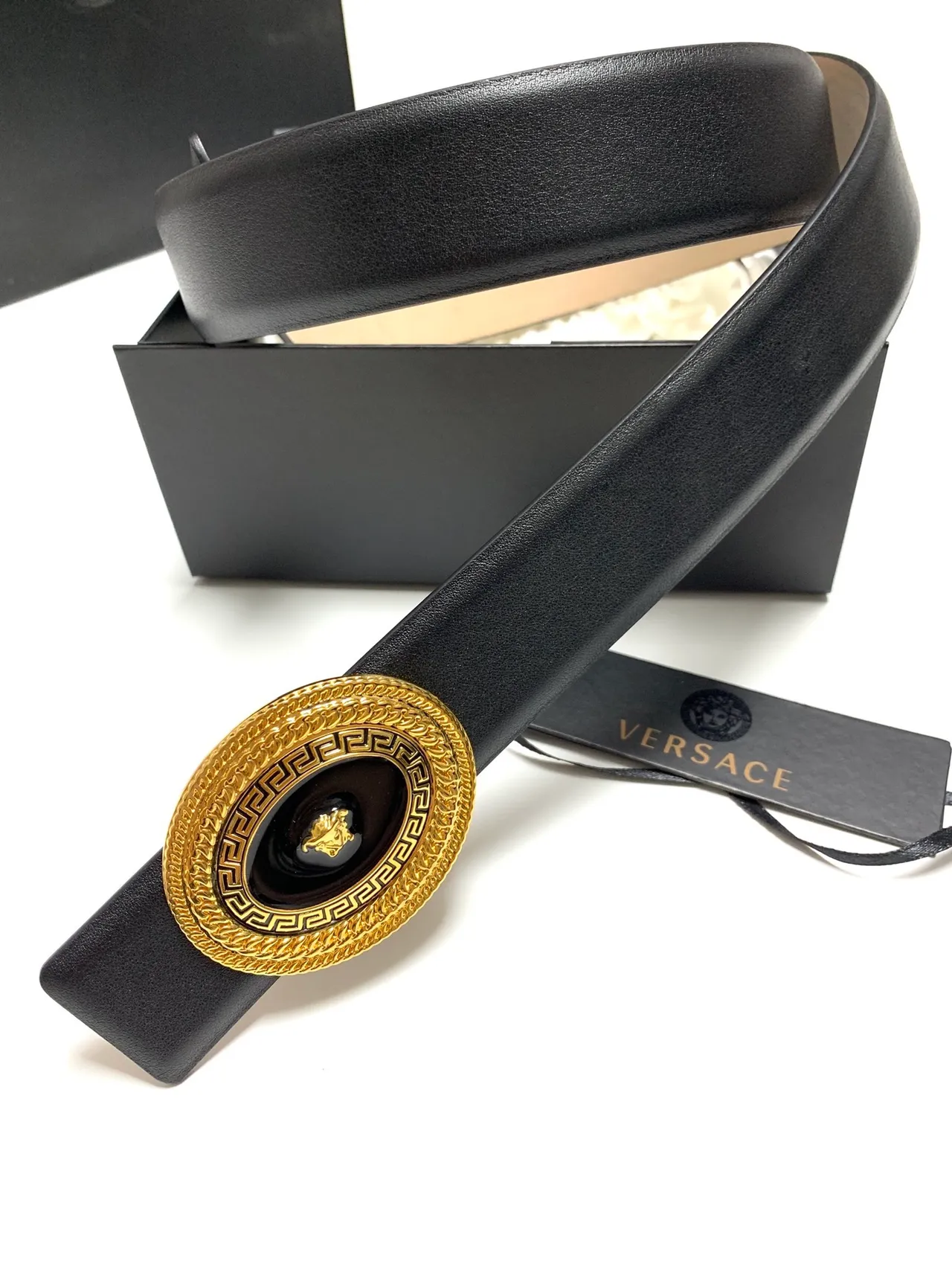 Versace Medusa حزام أسود جلد بكل ذهبي حزام جلد 4