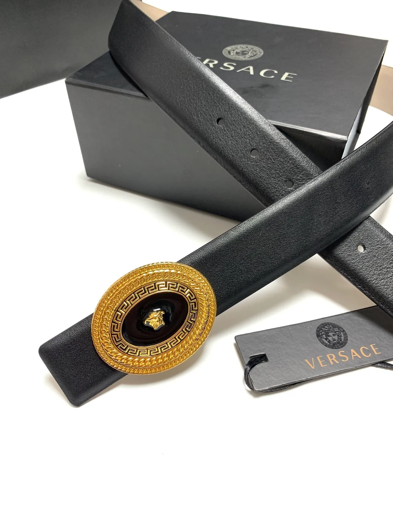 Versace Medusa حزام أسود جلد بكل ذهبي حزام جلد 5