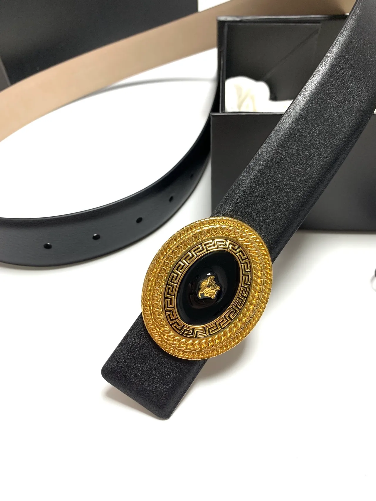 Versace Medusa حزام أسود جلد بكل ذهبي حزام جلد 8