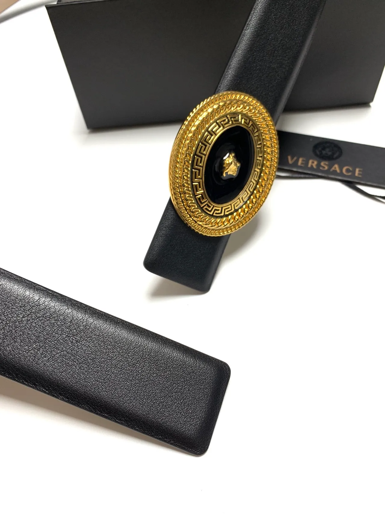 Versace Medusa حزام أسود جلد بكل ذهبي حزام جلد 9