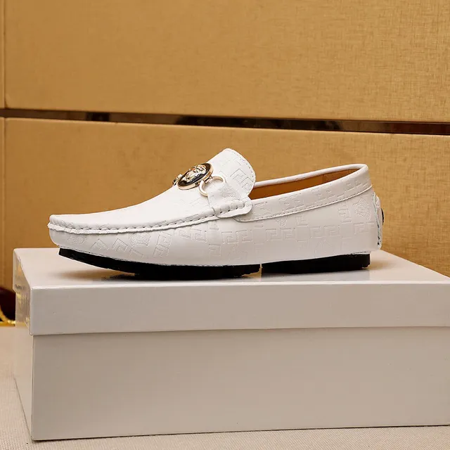 Versace Medusa Horsebit Loafer White Leather Embossed Greca Pattern Loafer 7