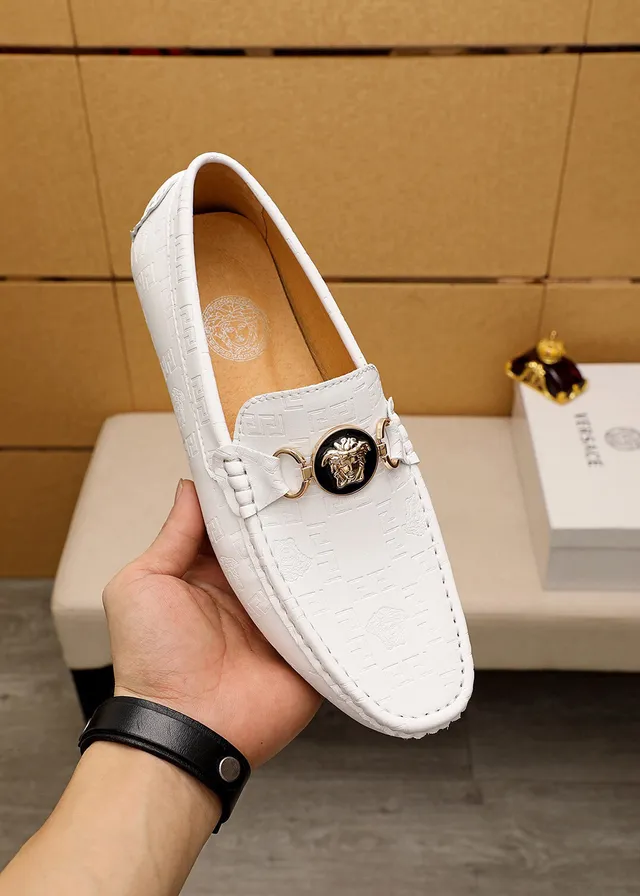 Versace Medusa Horsebit Loafer White Leather Embossed Greca Pattern Loafer 8