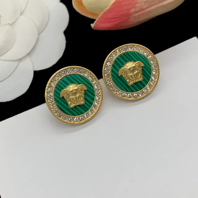 Versace Medusa Stud أقراط أخضر ذهبي رأس دائري مينا مخططة 2