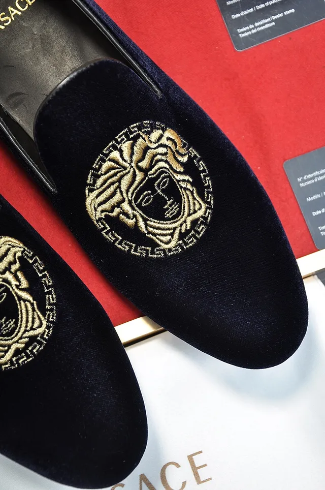 Versace Bleu Marine Or Velours Supérieur Brodé Tête de Méduse Mocassin 2