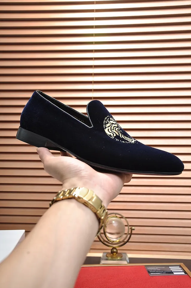 Versace Bleu Marine Or Velours Supérieur Brodé Tête de Méduse Mocassin 4