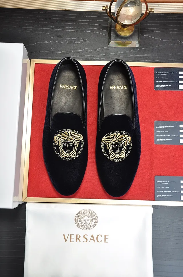 Versace Bleu Marine Or Velours Supérieur Brodé Tête de Méduse Mocassin 5