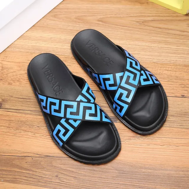 Versace Odissea Greek Key Blue Black Slippers 4