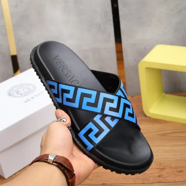 Versace Odissea Greek Key Blue Black Slippers 6