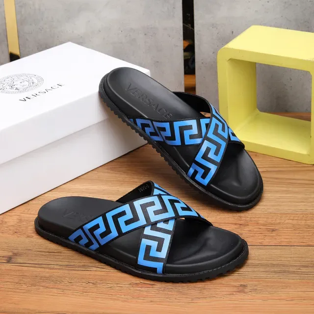 Versace Odissea Greek Key Blue Black Slippers 7