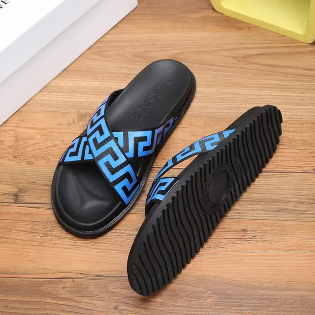 Versace Odissea Greek Key Blue Black Slippers 8