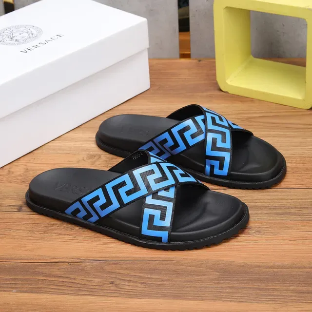 Versace Odissea Greek Key Blue Black Slippers 9