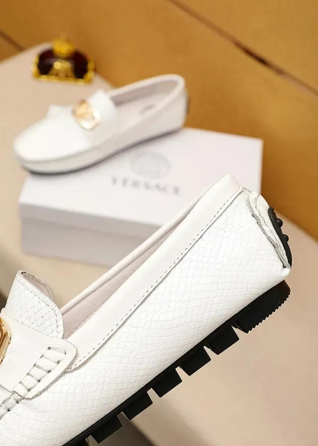 Versace Virtus White Textured Leather Gold Logo Loafers 5