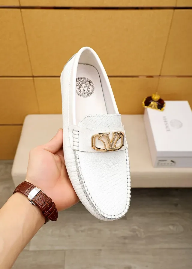 Versace Virtus White Textured Leather Gold Logo Loafers 7