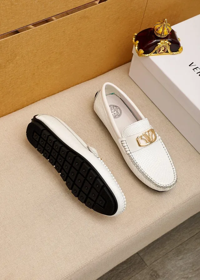 Versace Virtus White Textured Leather Gold Logo Loafers 9