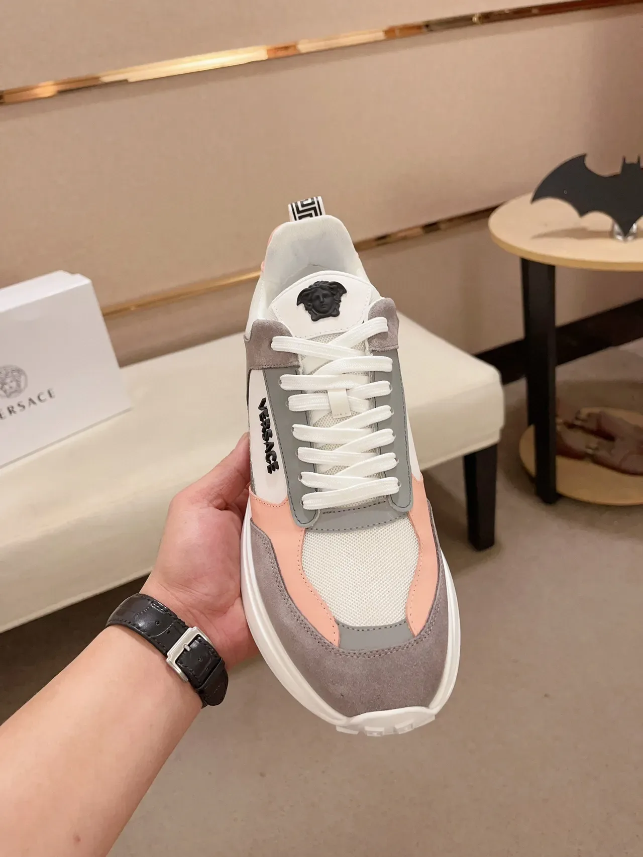 Versace White Pink Multi-Panel Color-Blocked Suede And Synthetic Upper Chunky Sneakers 2
