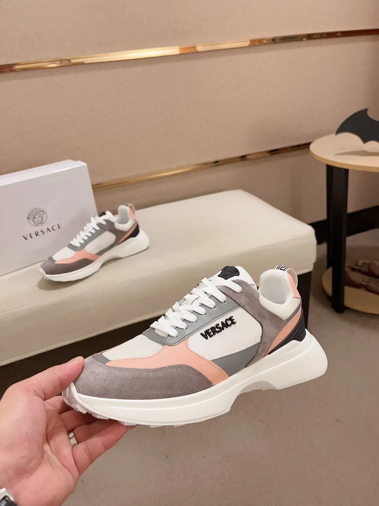 Versace White Pink Multi-Panel Color-Blocked Suede And Synthetic Upper Chunky Sneakers 3