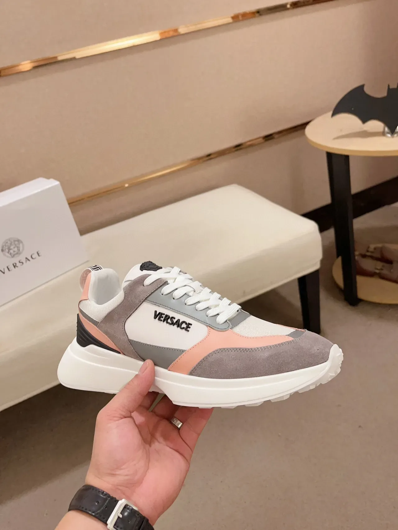 Versace White Pink Multi-Panel Color-Blocked Suede And Synthetic Upper Chunky Sneakers 4