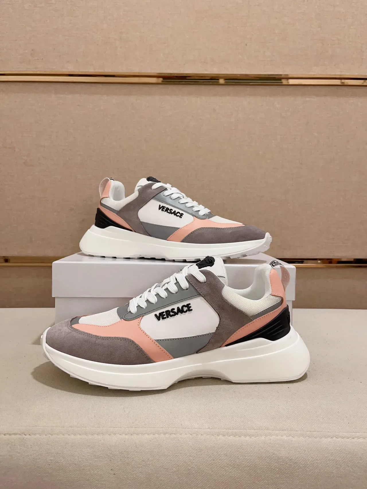 Versace White Pink Multi-Panel Color-Blocked Suede And Synthetic Upper Chunky Sneakers 7