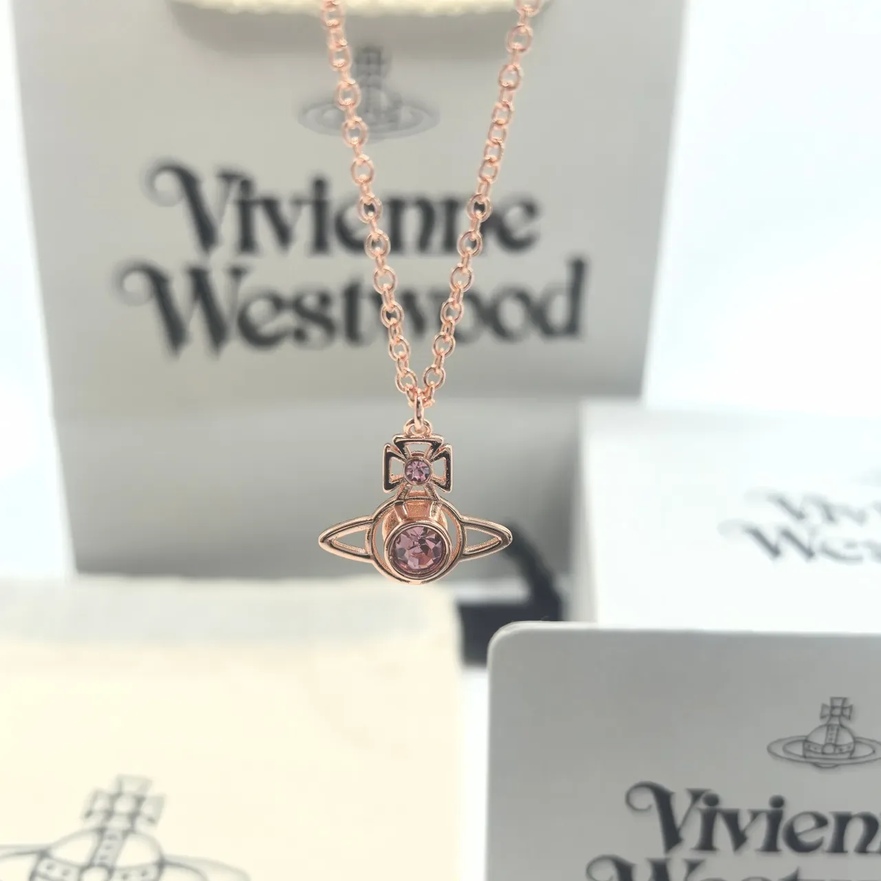 Vivienne Westwood Orb Pendant Necklace Rose Gold Pink Crystal and Silver Clear Crystal Necklaces 7
